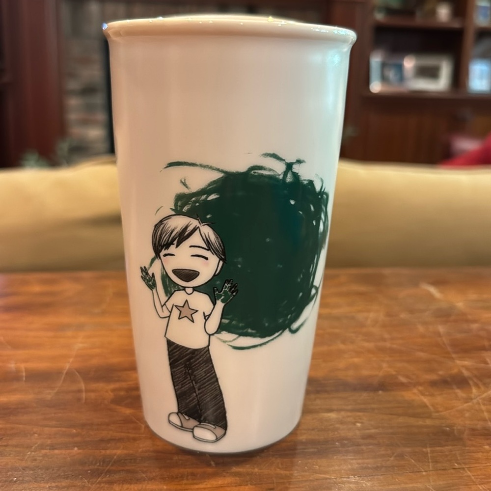 NWOT Starbucks Lidded Ceramic Mug Dot Collection Green Finger Paint Boy 2015